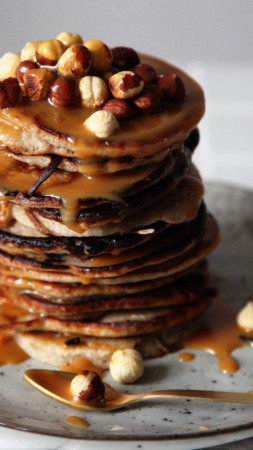 pancakes, buckwheat, milk, syrup, hazelnu (vertical)