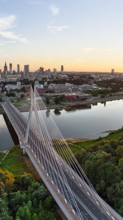 Warsaw, 5k, 4k wallpaper, Poland, Vistula, river, bridge, sunset, trees (vertical)