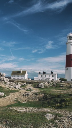 Portland Bill Lighthouse, 4k, 5k wallpaper, Jurassic Coast, Dorset, England, hills, stones, sky (vertical)