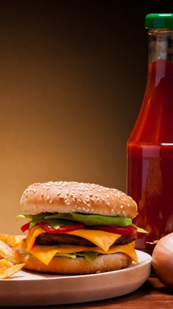 cheeseburger, fast food, french fries, cheese, steak, coca-cola, ice, ketchup, onion, cherry tomatoes (vertical)