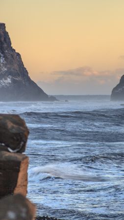 Dyrhólaey, 4k, 5k wallpaper, 8k, Iceland, Reynisdrangar, rocks, shore, sunset (vertical)