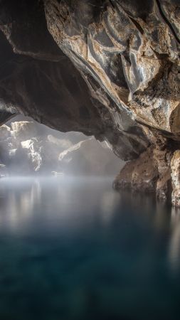 Grjótagjá, 4k, 5k wallpaper, 8k, lake Mývatn, Iceland, rocks, lake (vertical)