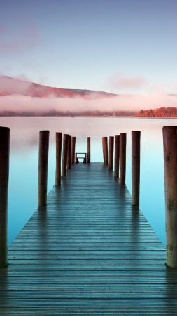 Sea, 4k, 5k wallpaper, 8k, mist, pier, sky (vertical)