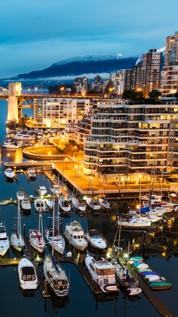 Vancouver, Granville, Island, Canada, night, Morning, lights, boats, blue, water, sea, travel (vertical)