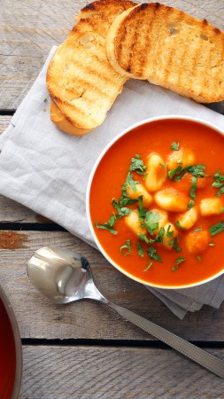 puree soup, tomato, gnocchi, toast, herbs (vertical)