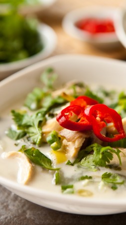 тайский кокосовый суп, имбирь, курица, перц, помидор, Thai coconut soup, ginger, chicken, peppers, tomatoes (vertical)