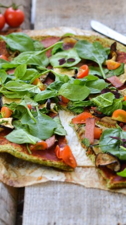 pizza, broccoli, parsley, basil, saffron, tomatoes, sausage, zucchini (vertical)