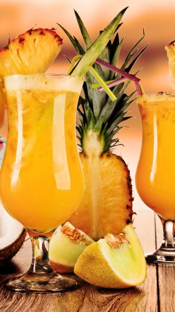 cocktails, juice, fruit, pineapple, coconut, melon, ice (vertical)