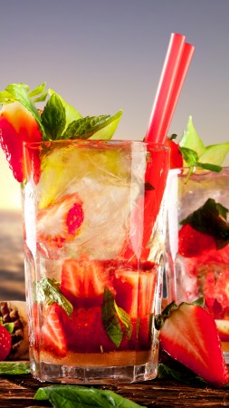 cocktails, tropical, beach, fruit, strawberries, ice, mint (vertical)