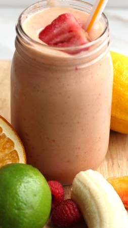 smoothies, fruit, lime, lemon, strawberry, banana, orange, bank,  (vertical)