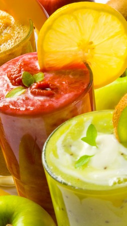 smoothies, fruit, kiwi, apple, orange, strawberry, raspberry, mango,  (vertical)