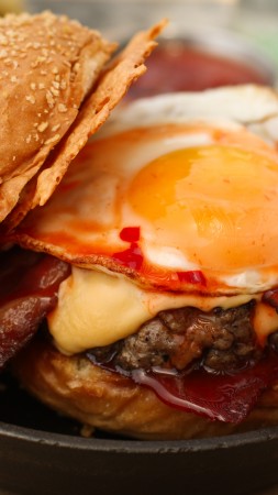 burger, steak, potatoes, eggs, pan,  (vertical)