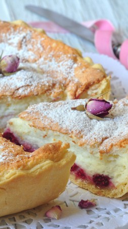 pie, soufflé, raspberry, flowers,  (vertical)