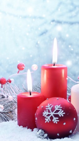 Christmas, New year, candle, balls, fir-tree, snowflakes, snow, decorations (vertical)