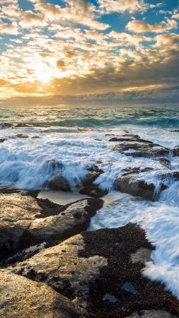 Clouds, 4k, HD wallpaper, beach, sunrise, ocean, sea, water, sun (vertical)