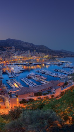 Monaco, Principality, city, twilight, night, sky, light, boats, travel, vacation, booking, sea, ocean, races, harbor (vertical)