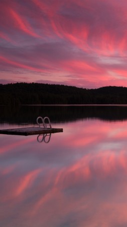 Lake, 4k, HD wallpaper, sea, pink sunset, sunrise, reflection, sky, clouds, water (vertical)