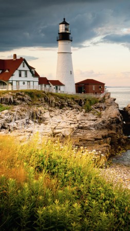 Portland Head Light, 4k, HD wallpaper, Cape Elizabeth, Maine, USA, sea, ocean, water, rocks, sky, clouds (vertical)