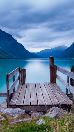 Norway, 5k, 4k wallpaper, bridge, sea, lake, water, blue, sky, clouds, mountain (vertical)