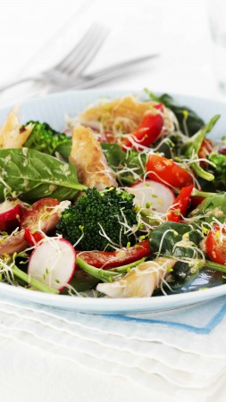 broccoli, spinach, cherry tomatoes, spinach, radishes, turkey, cooking, recipe (vertical)