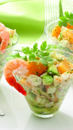 shrimp, mandarin, avocado, onions, greens, cooking, recipe (vertical)