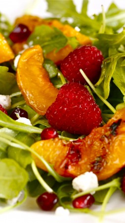 arugula, pomegranates, raspberries, nectarines caramelized, recipe, cooking (vertical)