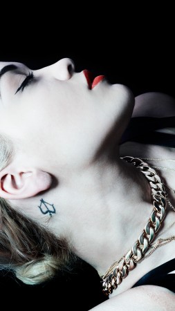 Rita Ora, Actress, Artists, music, red lips, tatoo, white skin, black background, Profile (vertical)