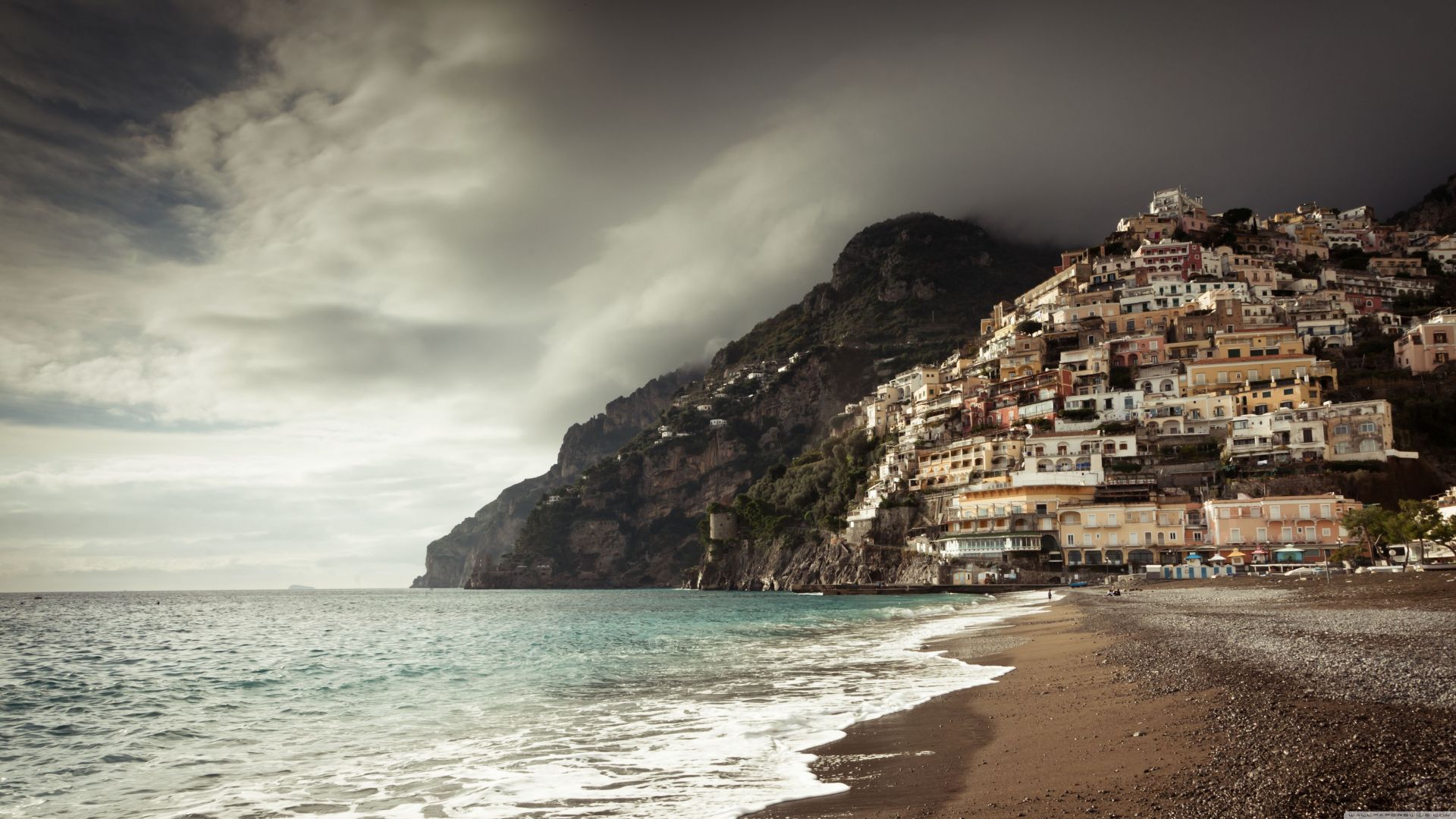 positano coast, 5k, 4k wallpaper, 8k, italy, clouds (horizontal)