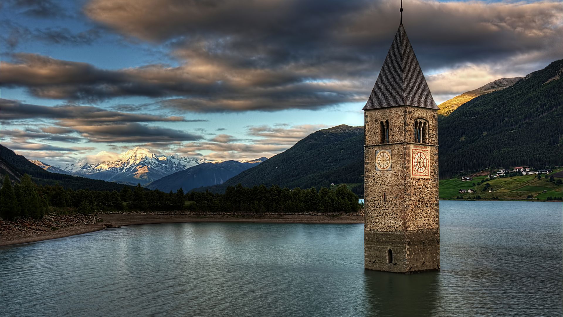 Lake Resia, Italy, Europe, mountain, nature, 4k (horizontal)