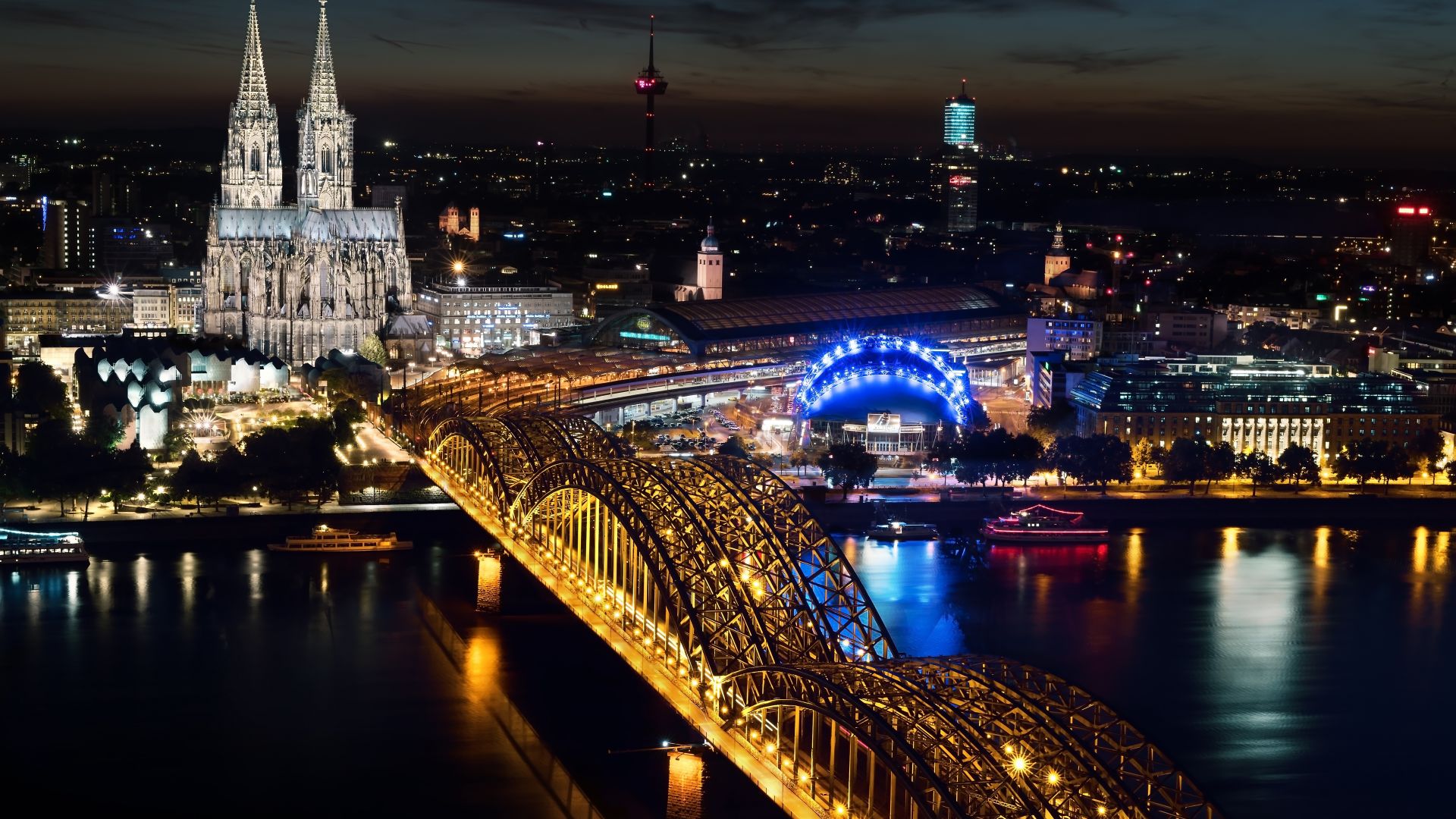 Cologne Cathedral, Hohenzollern bridge, Germany, Cologne, Europe, night, 5k (horizontal)