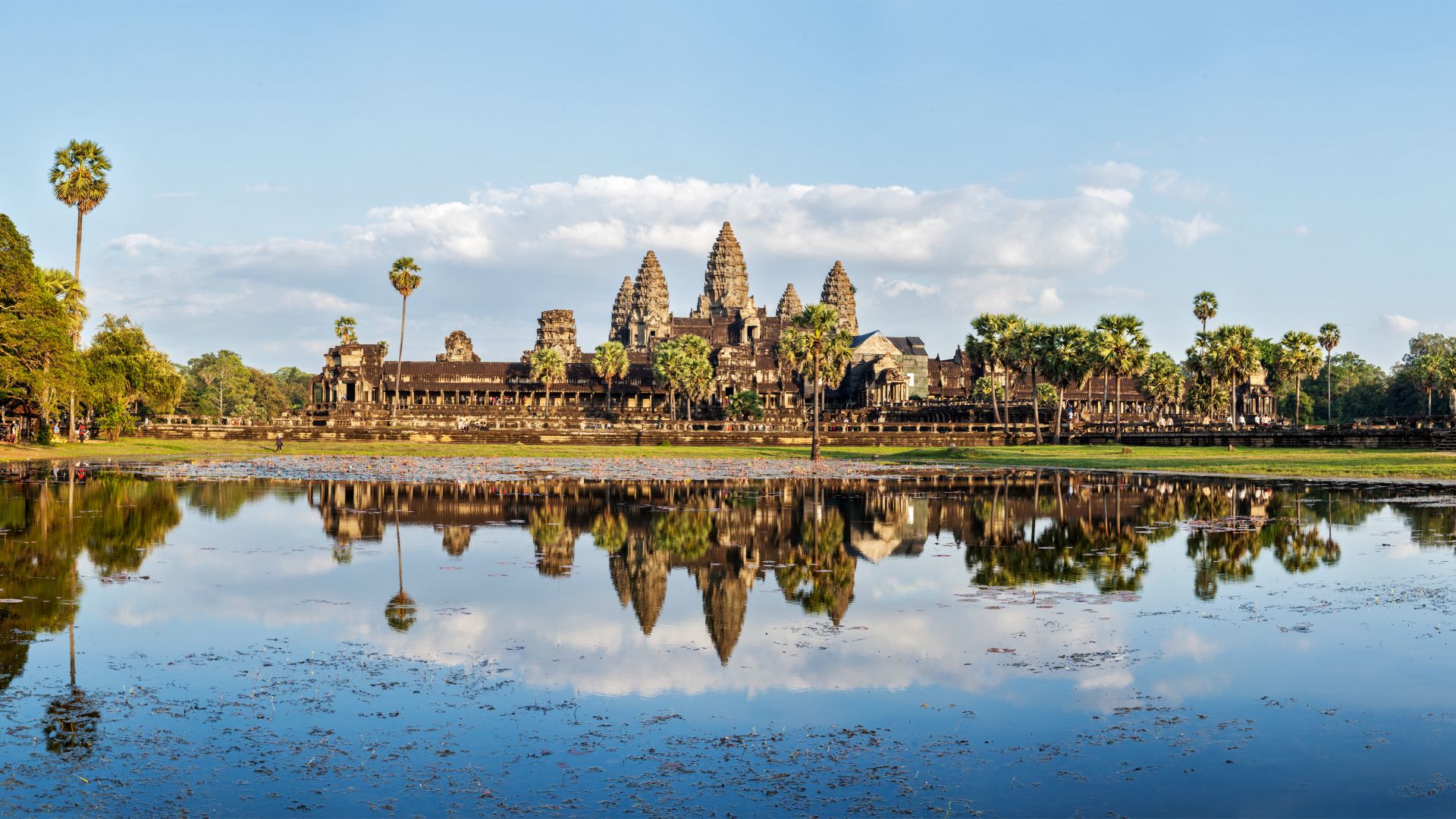 Cambodia, architecture, lake, trees, 5k (horizontal)