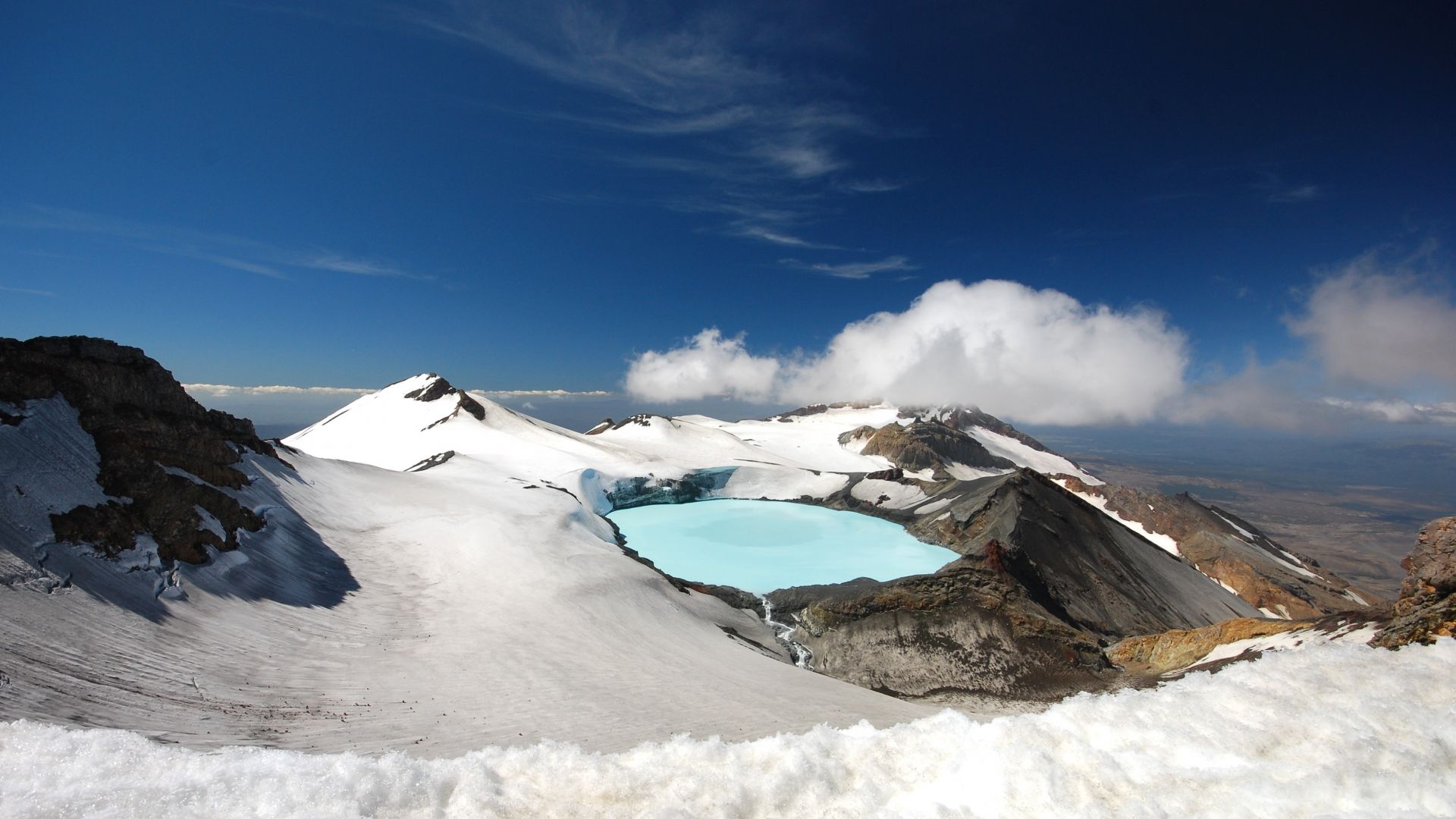 Tongariro, New Zealand, lake, clouds, sky, mountains, snow, 4k (horizontal)