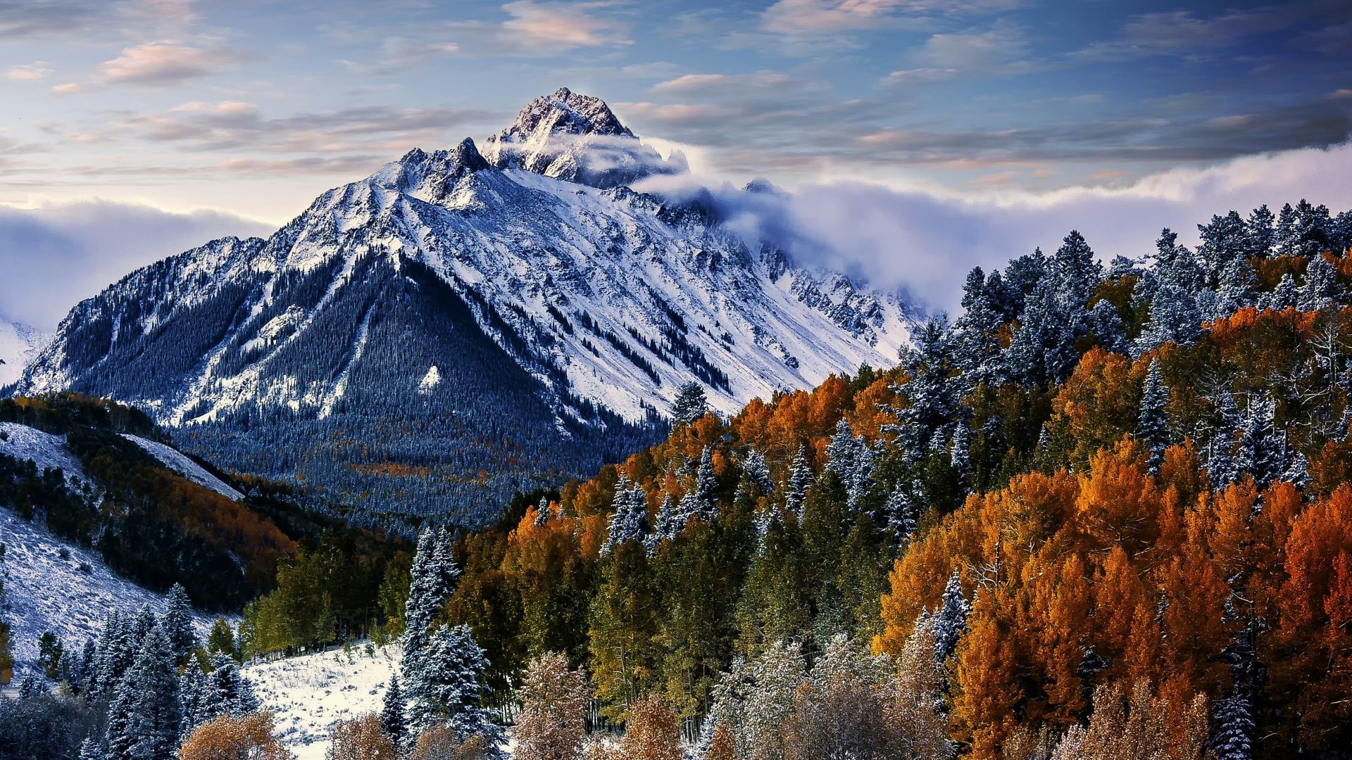 Sneffels, mountain, trees, winter, forest, 4k (horizontal)