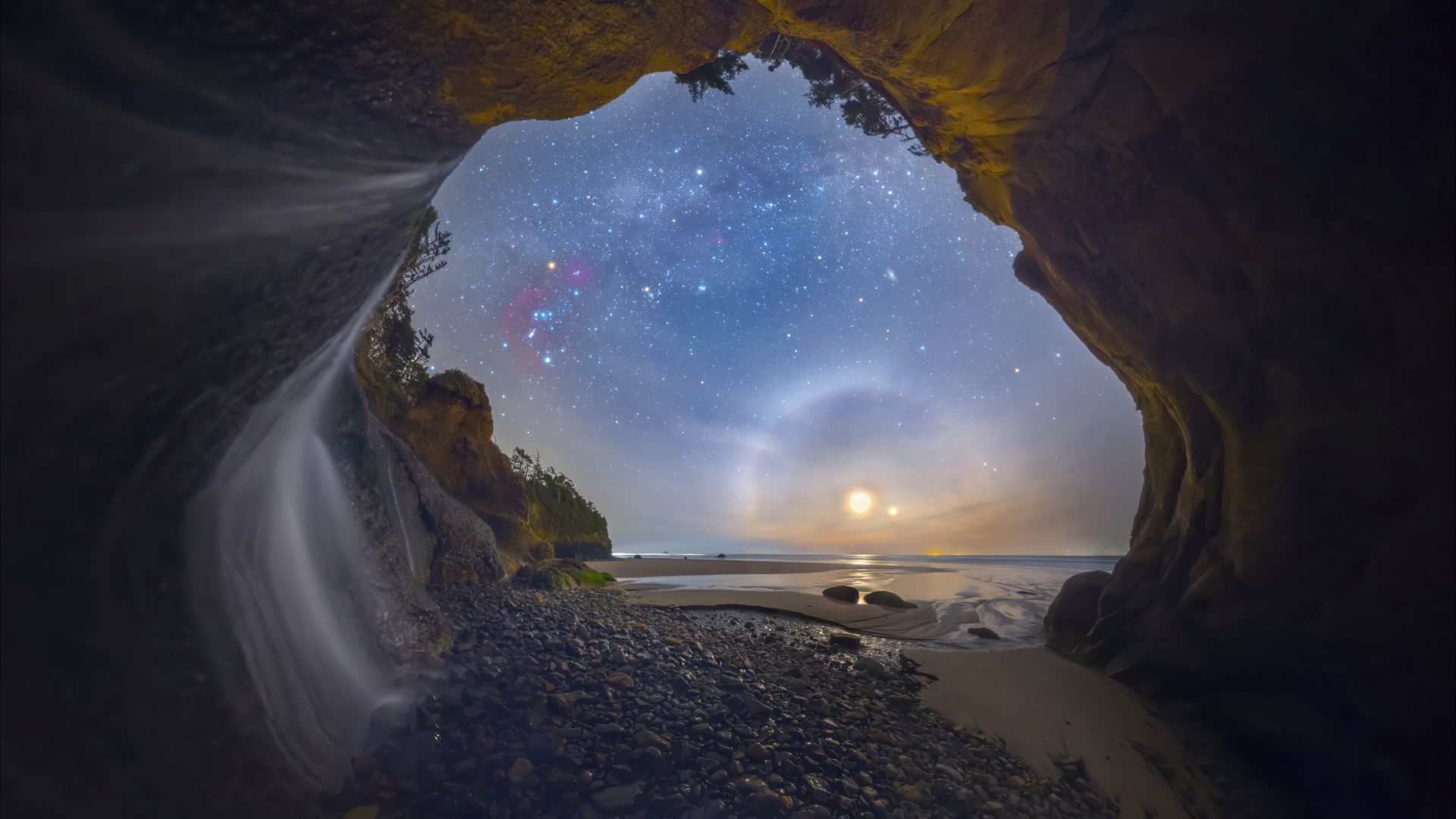 Hug Point Falls, Oregon, USA, sky, sunset, 5K (horizontal)