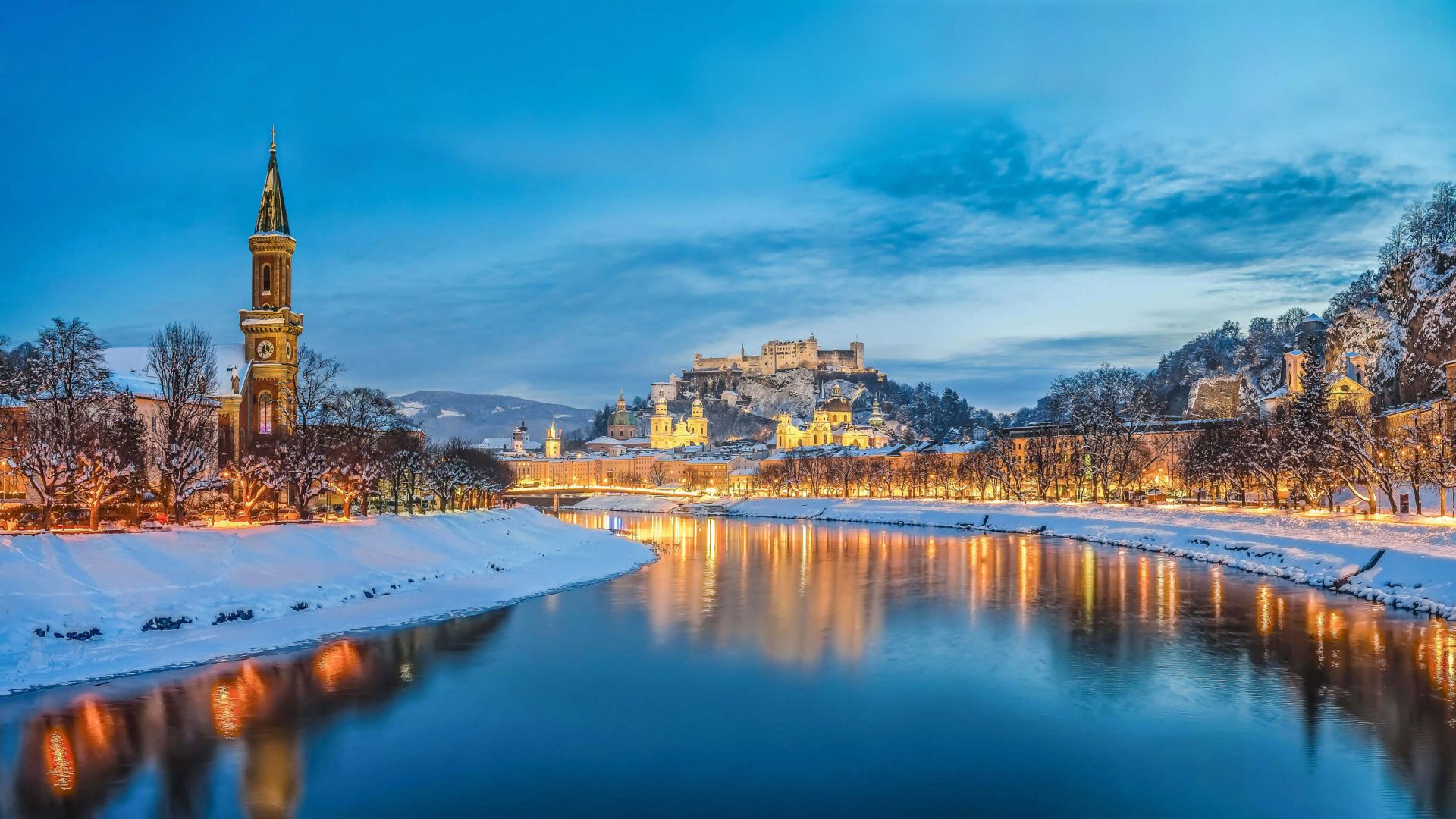 Europe, winter, town, snow, river, 4K (horizontal)