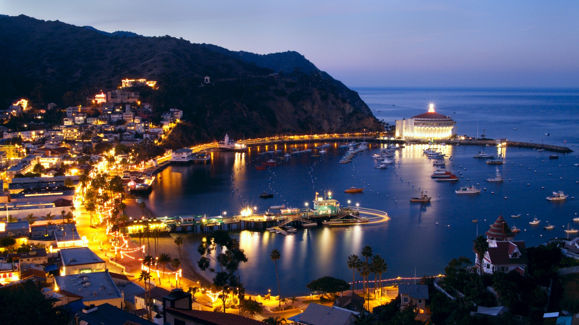 Santa Catalina Island, 5k, 4k wallpaper, California, ocean, sky, mountains, night, city, lights (horizontal)