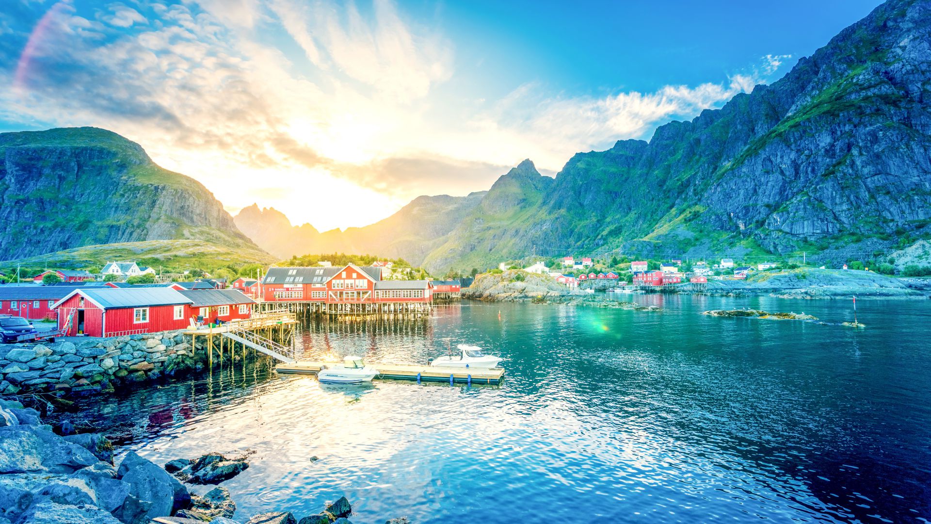 Lofoten, 5k, 4k wallpaper, 8k, Norway, lake, mountains, house (horizontal)