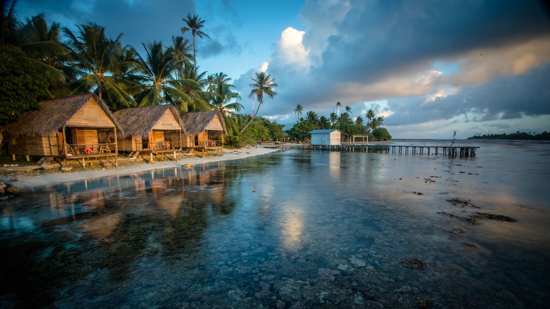 Bungalows, 4k, HD wallpaper, Reef, French Polynesia, water, clouds, palms, World's best diving sites (horizontal)