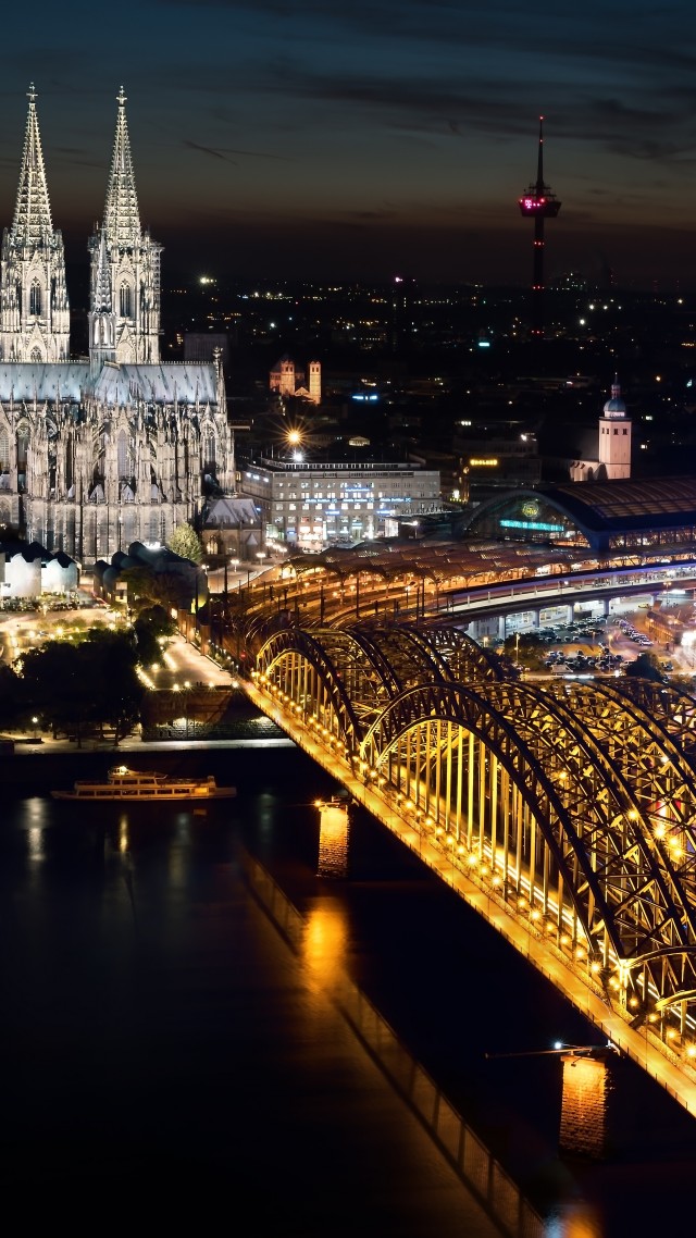 Cologne Cathedral, Hohenzollern bridge, Germany, Cologne, Europe, night, 5k (vertical)