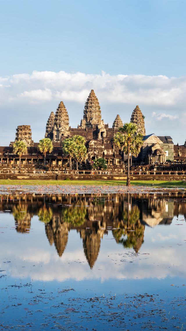 Cambodia, architecture, lake, trees, 5k (vertical)