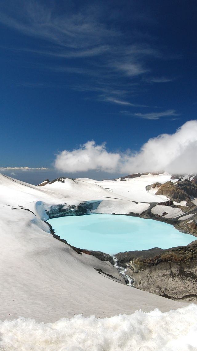 Tongariro, New Zealand, lake, clouds, sky, mountains, snow, 4k (vertical)