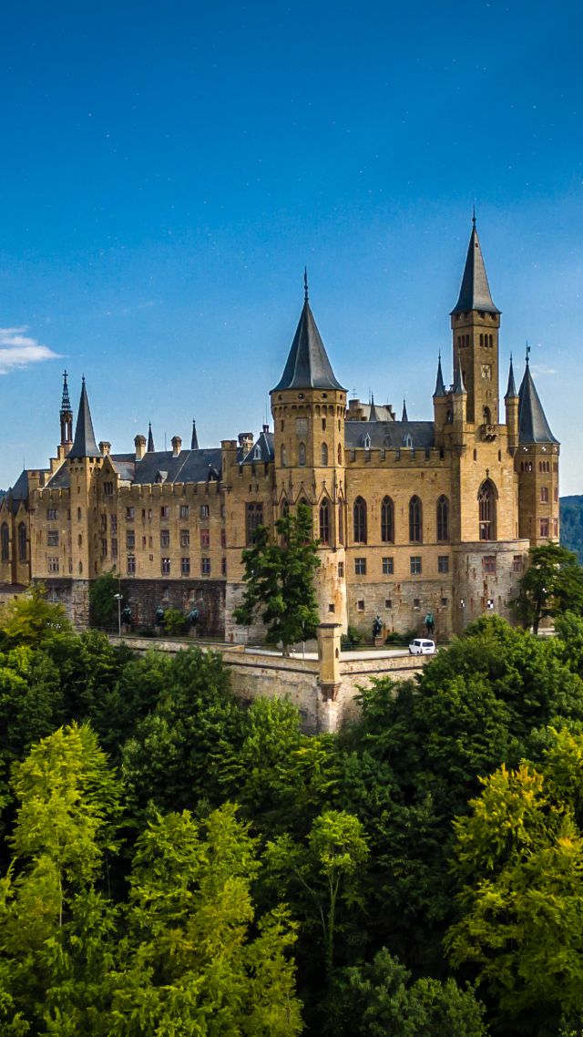 Hohenzollern Castle, Germany, Europe, forest, sky, 4k (vertical)