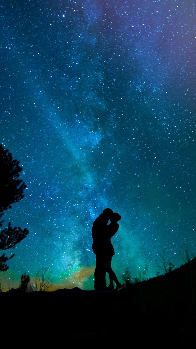 love image, kiss, night, sky, stars, 4k (vertical)