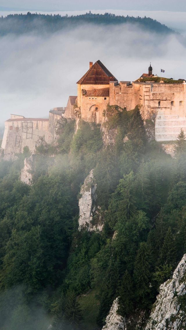 Château de Joux, France, mountains, fog, castle, 8K (vertical)