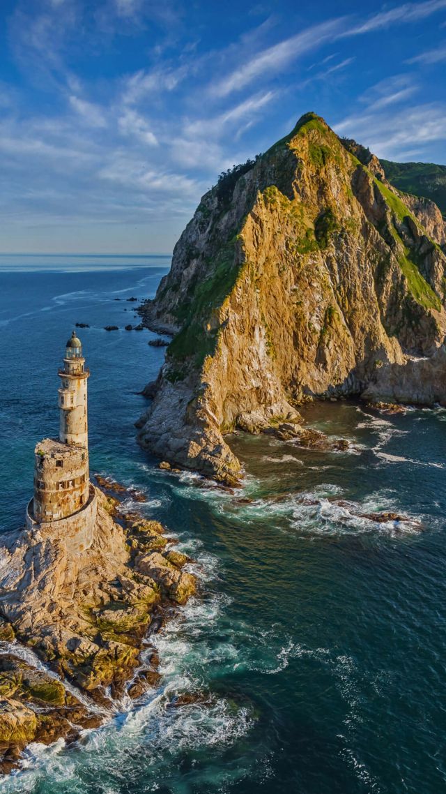 Cape Aniva, lighthouse, Sakhalin Island, Russia, water, ocean, rocks, mountains, 4K (vertical)