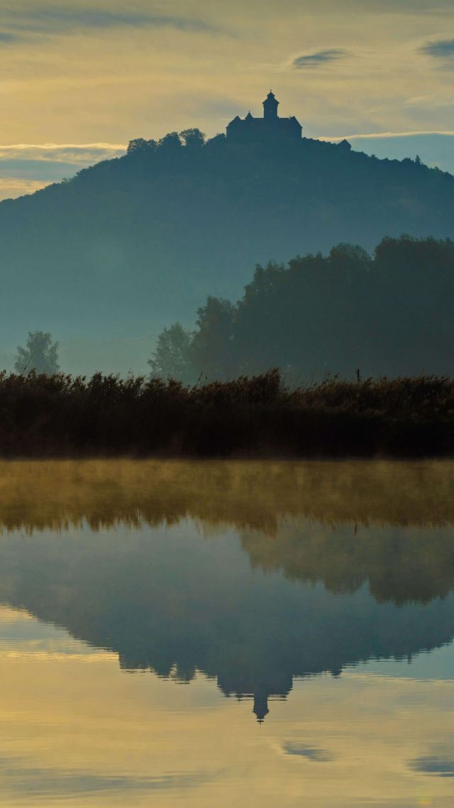 Wachsenburg Castle, Erfurt, Germany, water, reflection, sky, 5K (vertical)