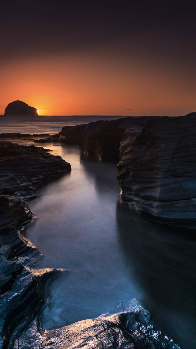 Trebarwith Strand, 4k, 5k wallpaper, 8k, England, travel, tourism, sunset, cliff, sea (vertical)